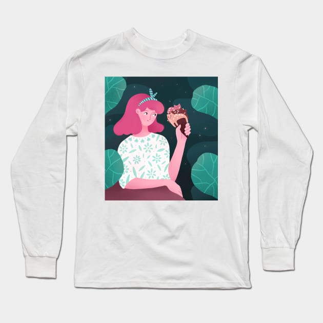 Cute girl with ice cream plants and cats, version 4 Long Sleeve T-Shirt by iulistration